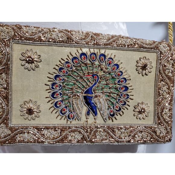 Vintage Zardosi Embroidered Peacock Evening Bag Gold Brocade Beaded Purse Silk - Picture 4 of 11